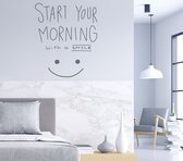 Stickerheld - Muursticker "Start your morning with a smile" Quote - Slaapkamer - inspirerend - Engelse Teksten - Mat Donkergrijs - 65.4x55cm