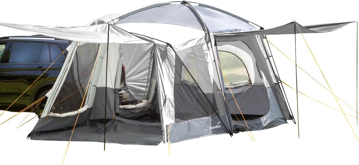 Skandika Pitea XL CROSS Tent – Koepeltenten - Autotent – Campingtent voor SUV, Caddy, Auto, CUV - Voor max. 4 personen – vrijstaand – met/zonder slaapcabine – Max. stahoogte 230 cm – 3000mm waterkolom - 475 x 290 x 230 cm (LxBxH) – Kamperen - grijs