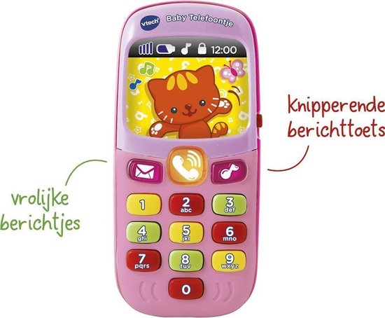 Roze VTech Baby Telefoon met een katje op het scherm en tekst 'vrolijke berichtjes'.