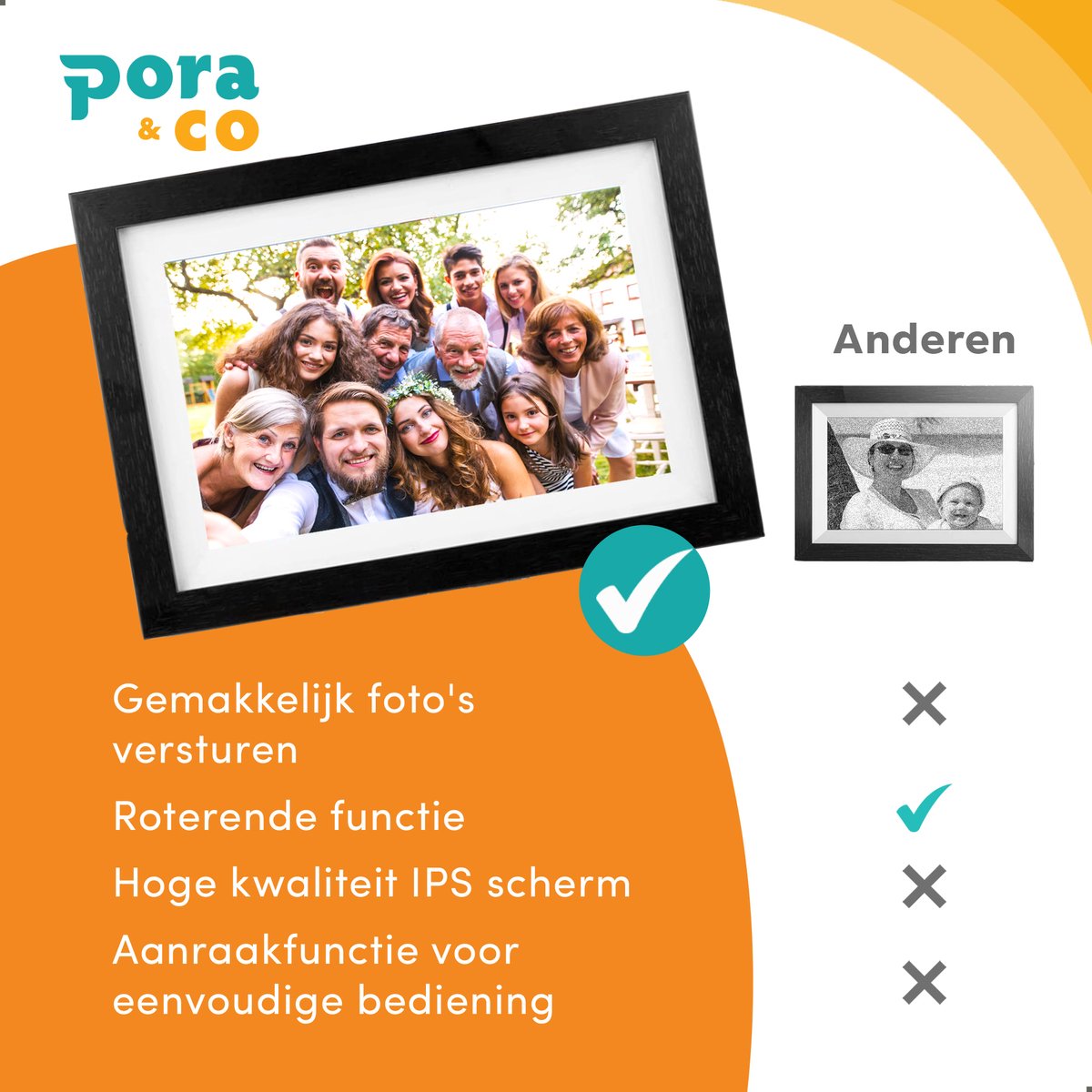 Pora&Co - Digitale fotolijst met WiFi en Frameo App – 10.1 inch - Pora – HD -IPS Display – Zwart/Hout - Micro SD – Touchscreen thumbnail 3