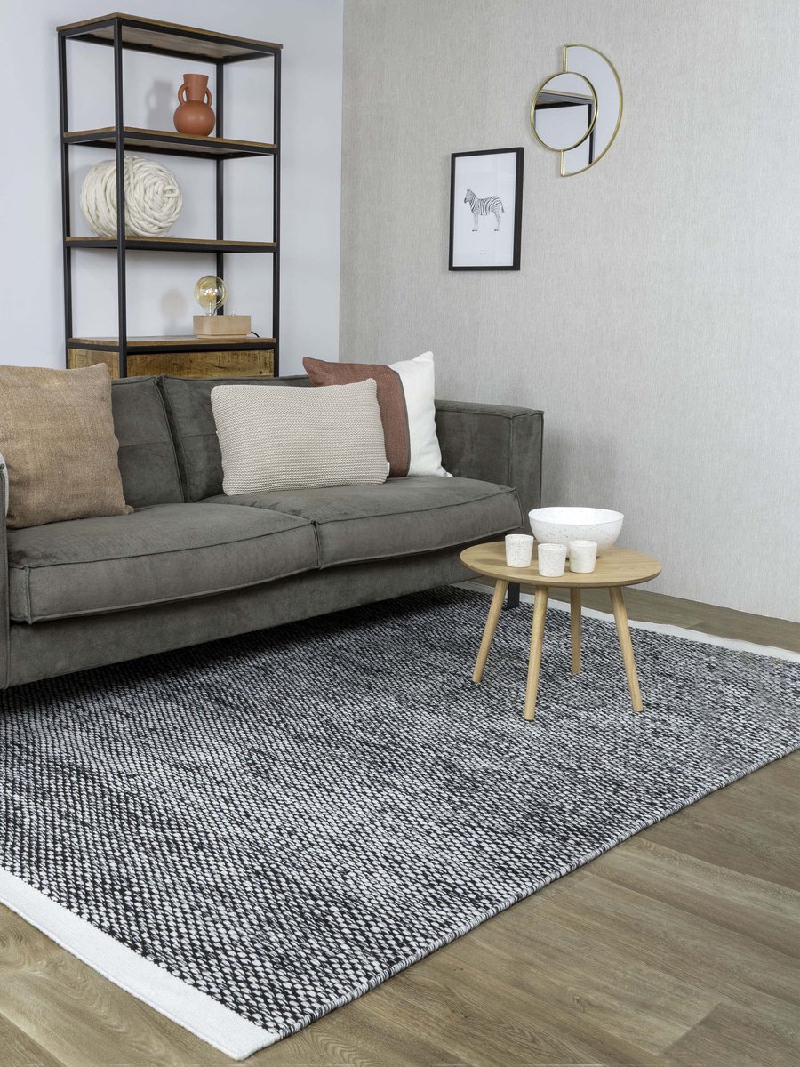 MOMO Rugs Vaasa Black White Vloerkleed - 200x300 - Rechthoek - Laagpolig,Structuur Tapijt - Industrieel - Wit, Zwart, Zwart_wit