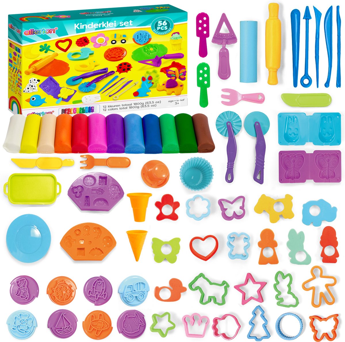 Allerion Klei Set XL - 12 Kleuren Klei - Met 54 Vormpjes, Tools en meer Accessoires - STEM Speelgoed - Inclusief Opbergdoos