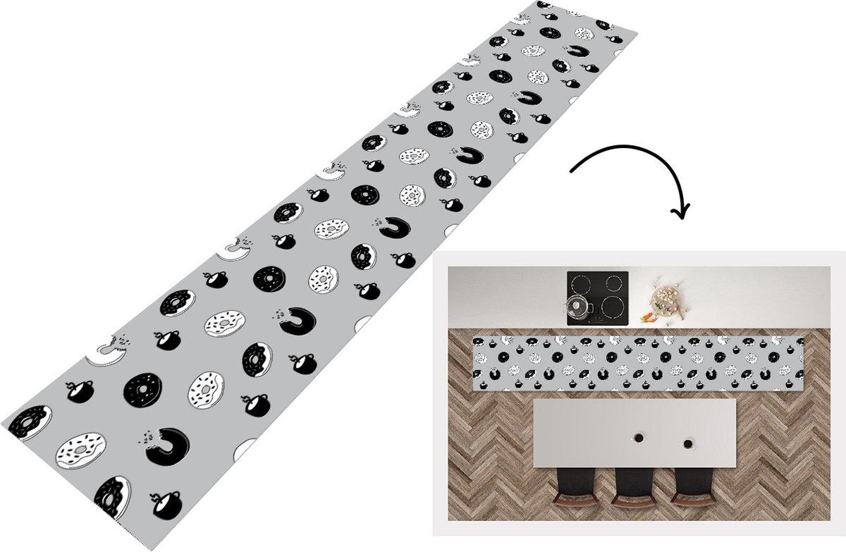 KitchenYeah Keukenloper - Keukenmat - Donut - Patronen - Koffie - Zwart Wit - Keuken vloerkleed Zwart; Wit
