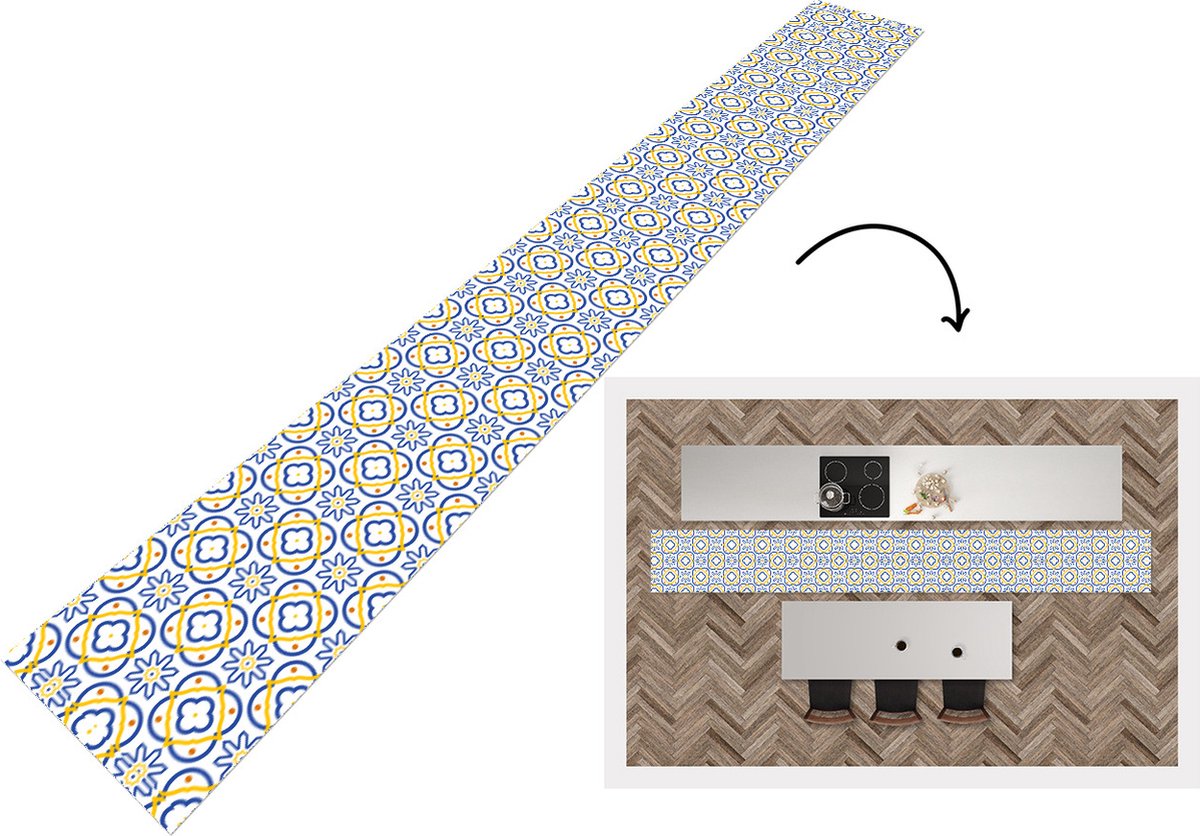 KitchenYeah Keukenloper - Keukenmat - Bloem - Blauw - Geel - Tegels - Patronen - 480x60 cm - Keuken vloerkleed Multicolor