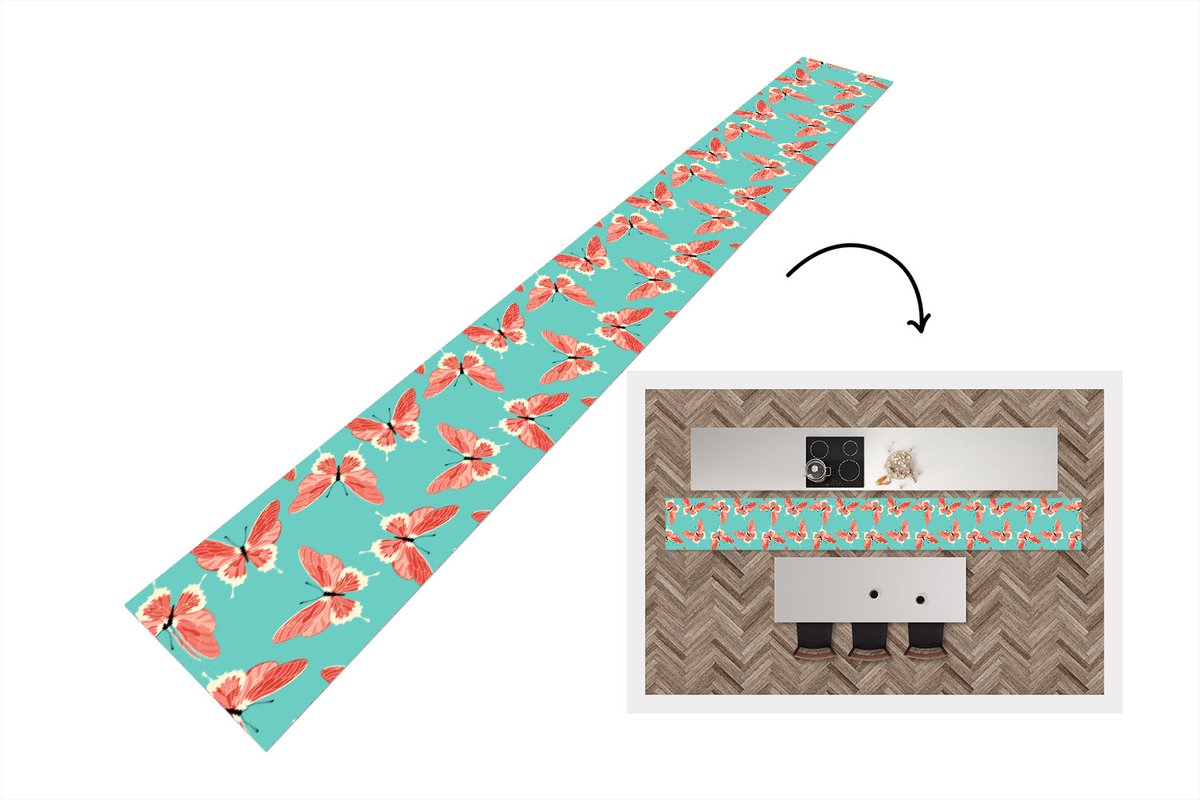 KitchenYeah Keukenloper - Keukenmat - Vlinders - Roze - Patroon - 400x50 cm - Keuken vloerkleed Multicolor