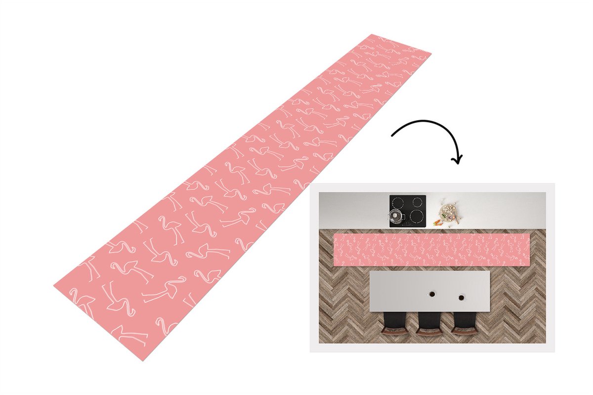 KitchenYeah Keukenloper - Keukenmat - Flamingo - Line Art - Roze - Patronen - 360x60 cm - Keuken vloerkleed Multicolor