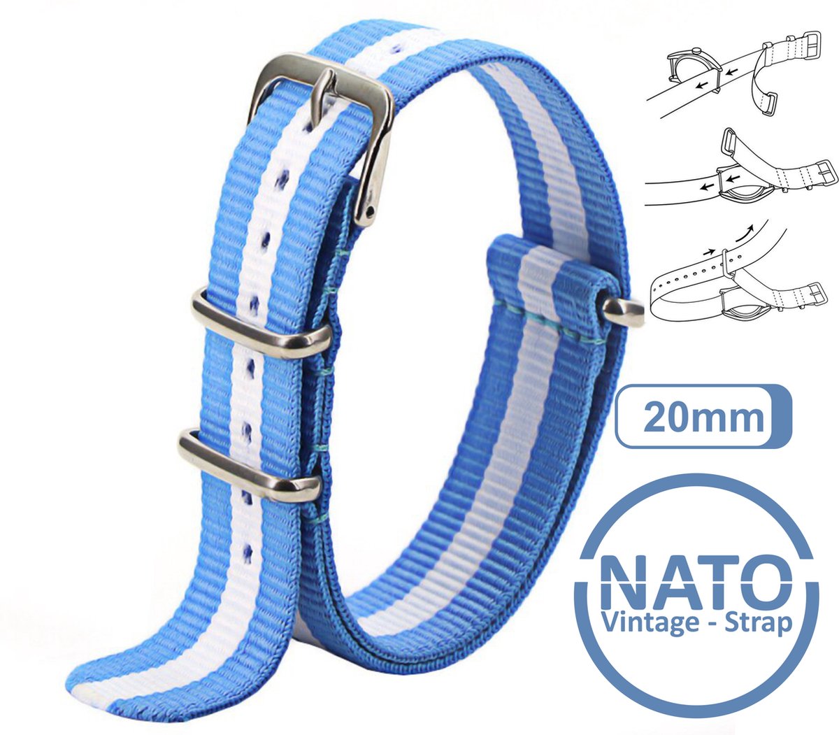 20mm Nato Strap Blauw met Witte streep - Vintage James Bond - Nato Strap collectie - Mannen - Horlogebanden - Blue White Wit - 20 mm bandbreedte voor oa. Seiko Rolex Omega Casio en Citizen