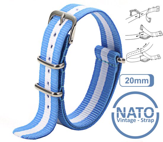 Bracelet Nato 20 mm Blauw avec bande Witte - Vintage James Bond - Collection Nato Strap - Homme - Bracelets de montre - Blue White Wit - Largeur de bande 20 mm pour par ex. Seiko Rolex Omega Casio et Citizen