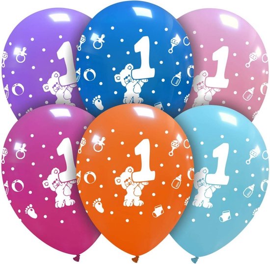 1 jaar, verjaardag, beertjes ballonnen mix, 6 stuks, 30 cm, latex, assorti kleuren