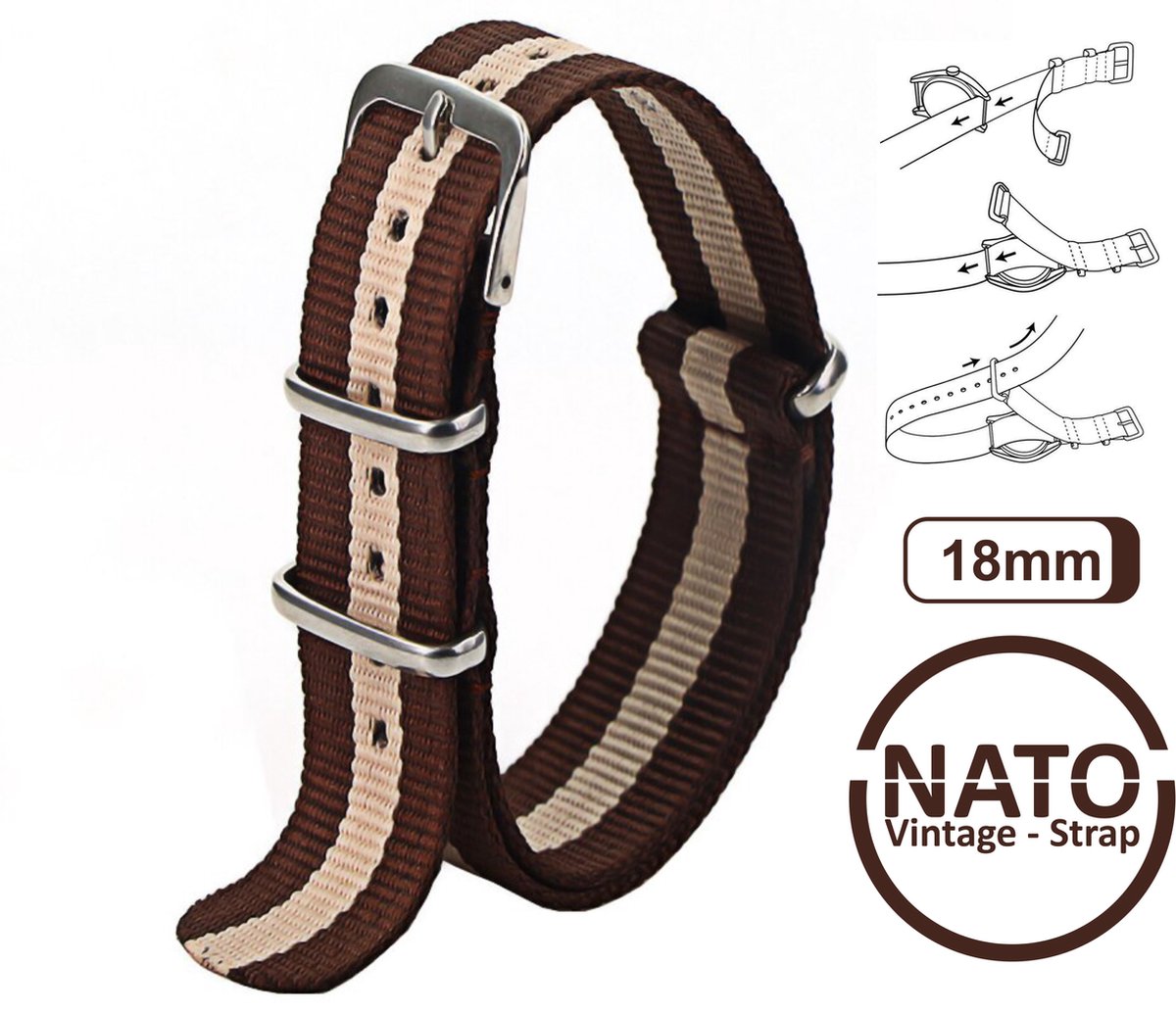 18mm Nato Strap Bruin met Khaki streep - Vintage James Bond - Nato Strap collectie - Mannen - Horlogebanden - Brown - 18 mm bandbreedte voor oa. Seiko Rolex Omega Casio en Citizen
