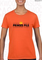 PRINSES PILS damesshirt - Oranje met zwart - Maat M - Korte mouwen - Ronde hals - Regular Fit - Grappige teksten - Leuke shirts - Humor - Quotes - Kwoots - Cadeau - Koningsdag - Wi