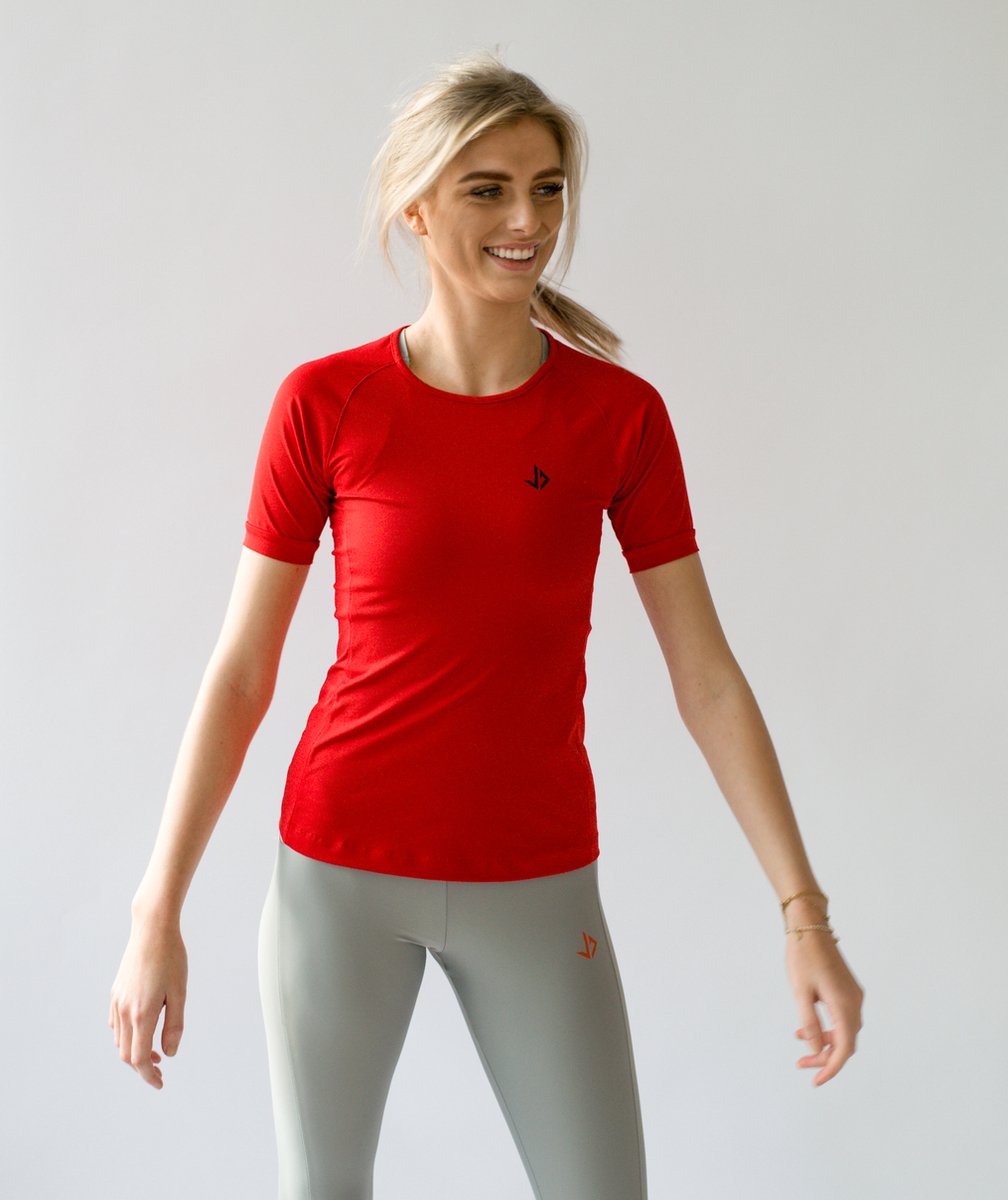 JUSS7 Sport T-shirt Dames - Hardloopshirt Korte Mouwen - Ademend & Quick-Dry - Fitness Shirt Rood / Red - Maat XS