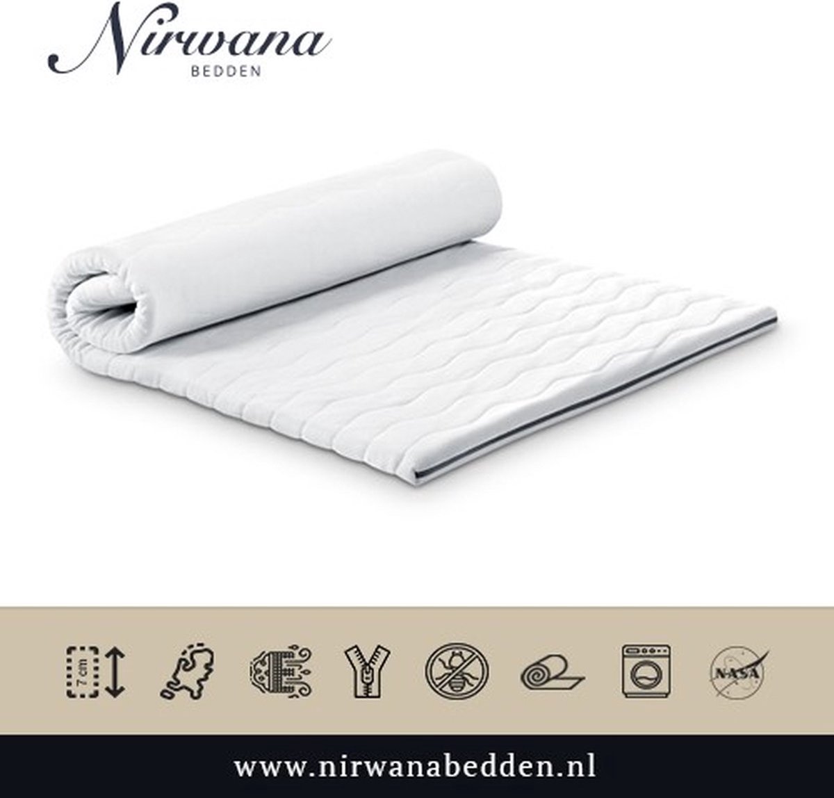Nirwana Bedden Topper 90x220 - Topmatras - Topdekmatras-12 cm dik - HR Koudschuim - Afritsbaar en wasbaar - CertiPUR® Gecertificeerd - Medium Hardheid - Matrastopper
