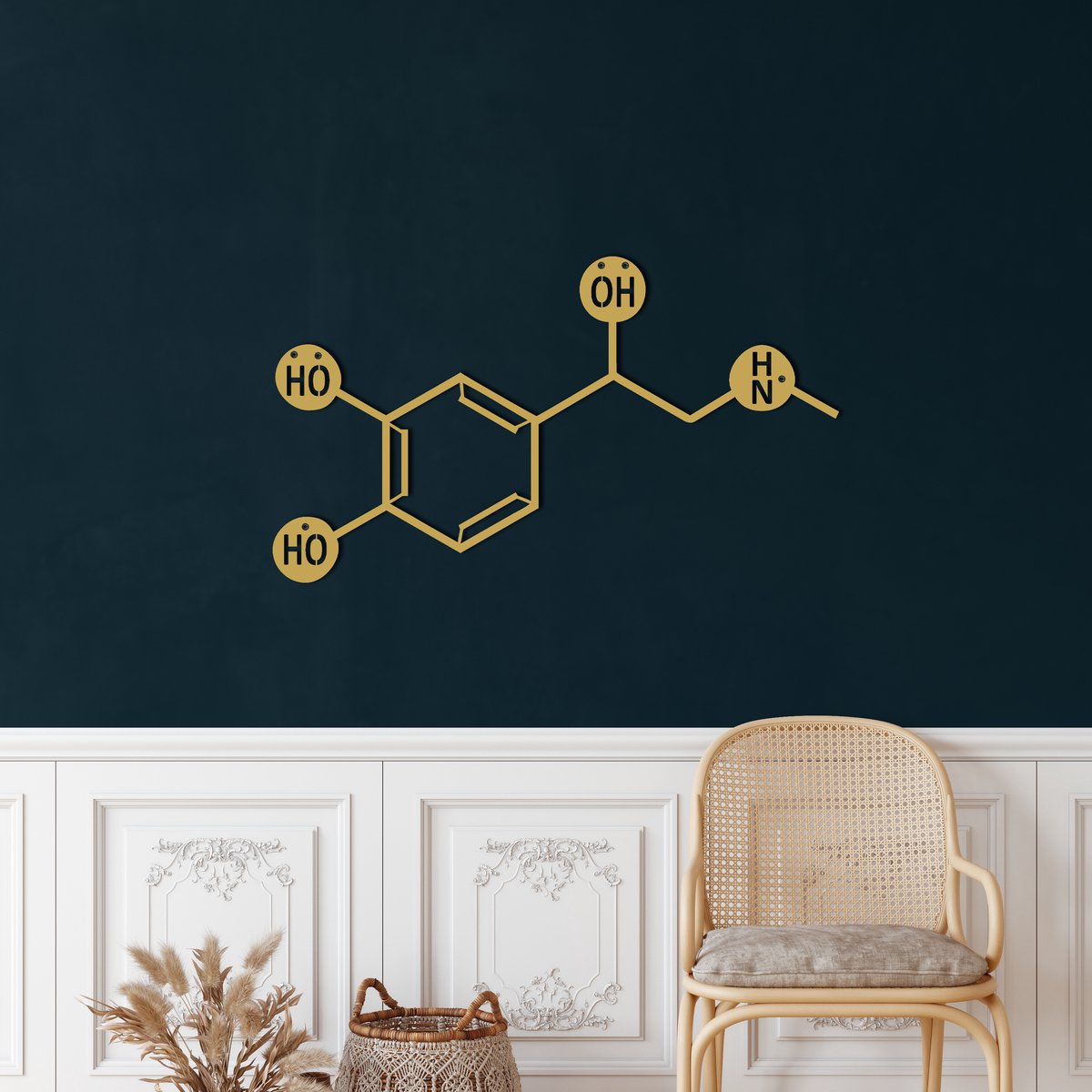 Wanddecoratie | Adrenaline Molecuul / Adrenaline Molecule decor | Metal - Wall Art | Muurdecoratie | Woonkamer |Gouden| 75x40cm