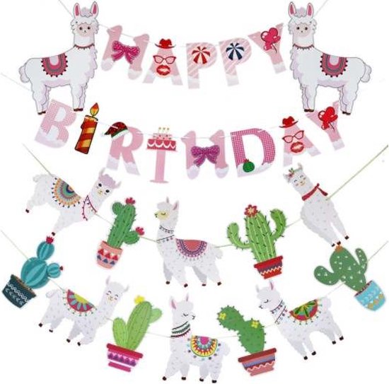 Une bannière d'anniversaire avec des lamas et des cactus. Le texte 'Happy Birthday' est en lettres roses.