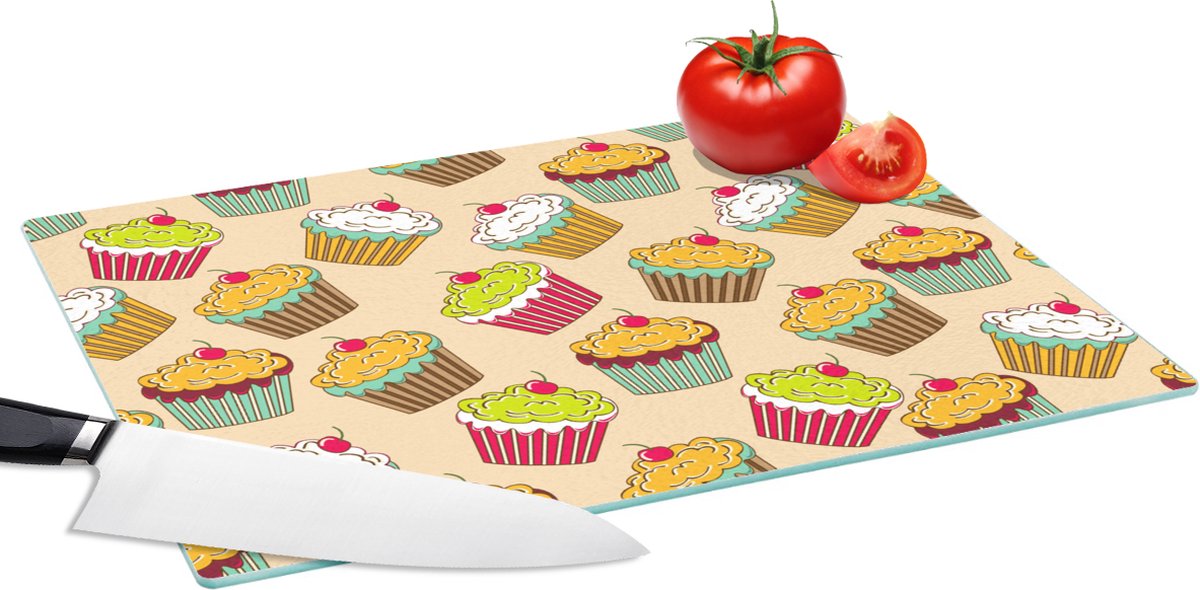 Glazen Snijplank - 39x28 - Patronen - Eten - Cupcake - Snijplanken Glas