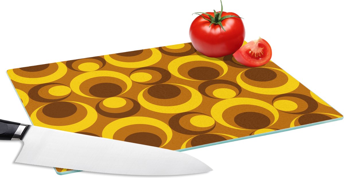 Glazen Snijplank - 28x20 - Patronen - Retro - Bruin - Geel - Snijplanken Glas
