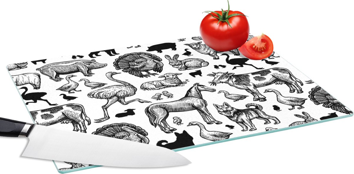 Glazen Snijplank - 39x28 - Patroon - Dieren - Zwart Wit - Snijplanken Glas
