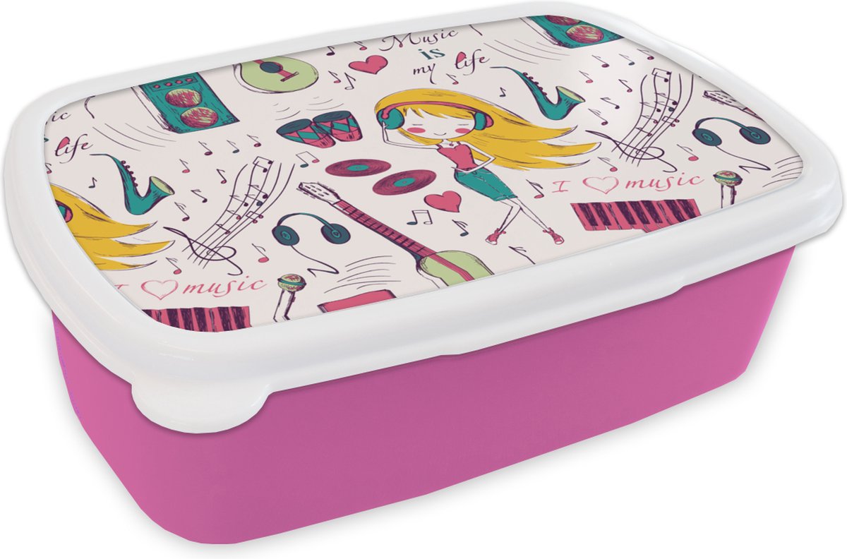 Broodtrommel Roze - Lunchbox - Brooddoos - Meiden - Muziek - Koptelefoon - Patronen - Girl - Roze - Kinderen - Kind - 18x12x6 cm - Kinderen - Meisje