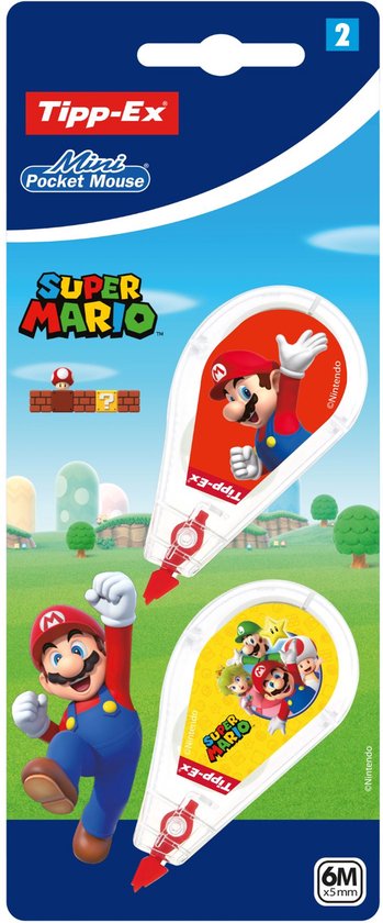 Tipp-Ex Mini Pocket Mouse Super Mario Correctieroller - Correctietape met 2 Verschillende Super Mario designs - 6 m lengte 5 mm breedte - Pak van 2 Stuks