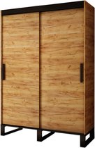 InspireMe- Kledingkast met 2 schuifdeuren, Loft-stijl, Industriële kledingkast, Metalen poten Kledingkast met planken (BxHxD): 150,5x212x62 - FOLT 150 met 2 lades Goud Craft Eik +