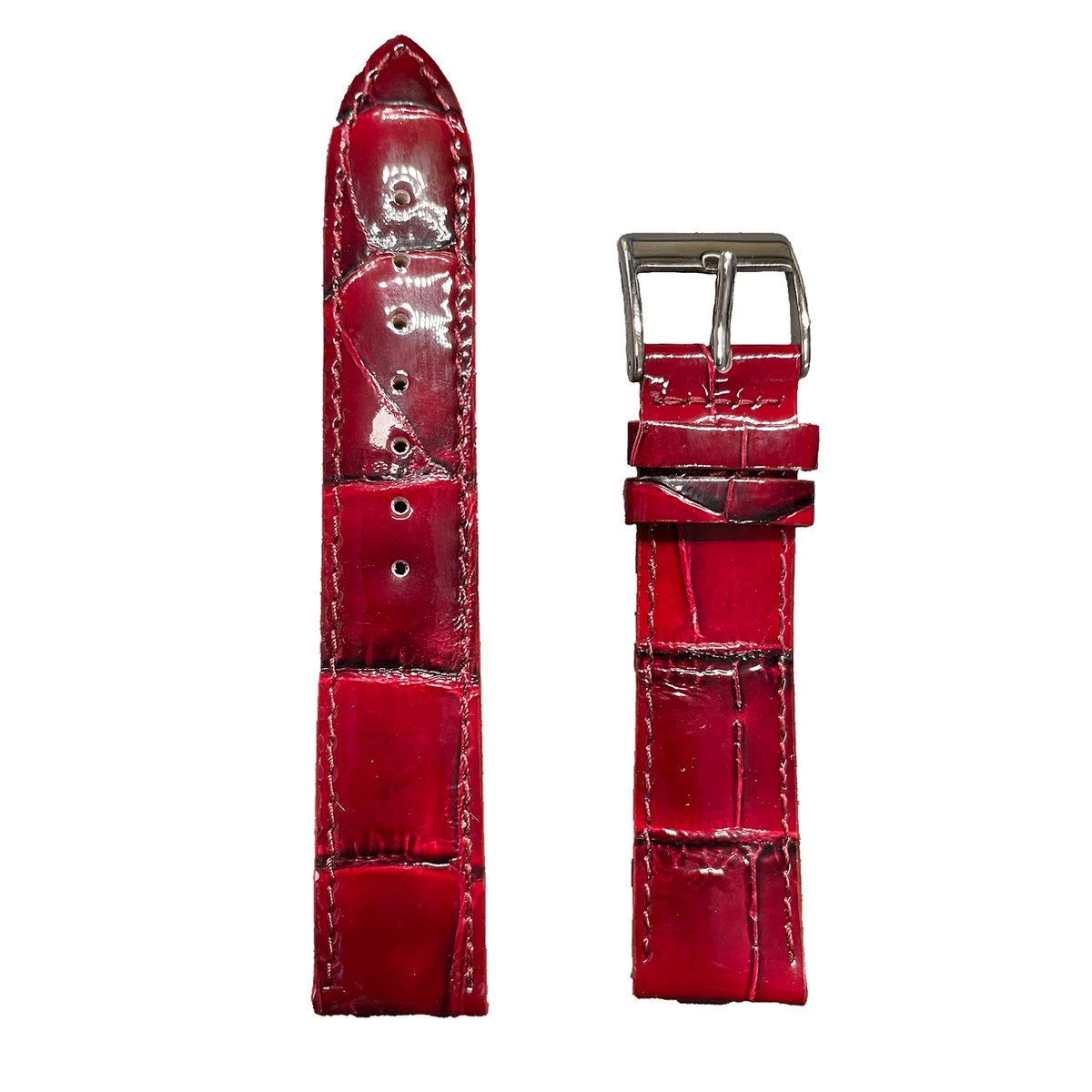 Horlogeband - 20 mm - Glans rood - Echt leer in croco print - Roestvrijstalen gesp