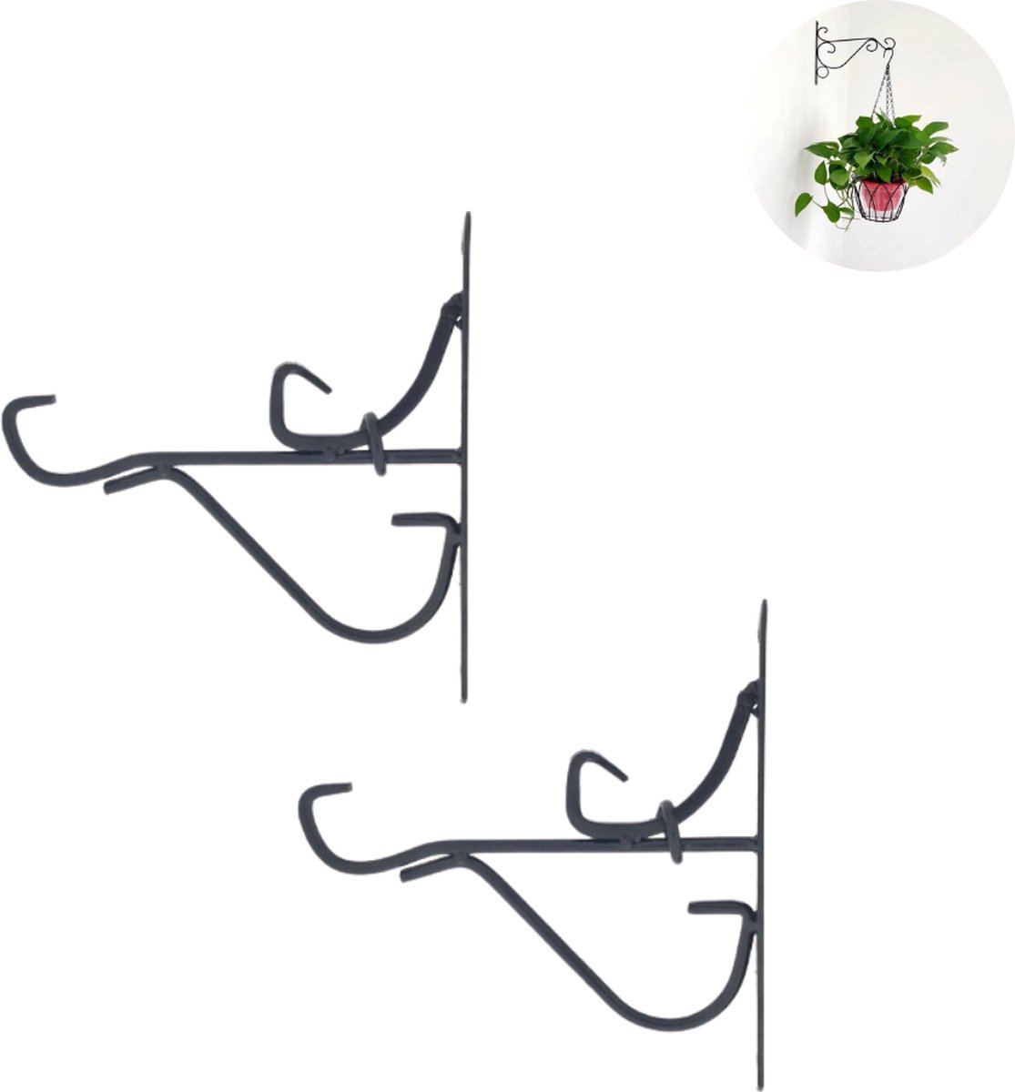 2x Plantenhaak buiten - Zwart - Muurhaak voor hanging basket - Plantenbakhaken metaal - Planten - Plantenhanger - Decoratie buiten - Tuin - Schutting - Wanddecoratie