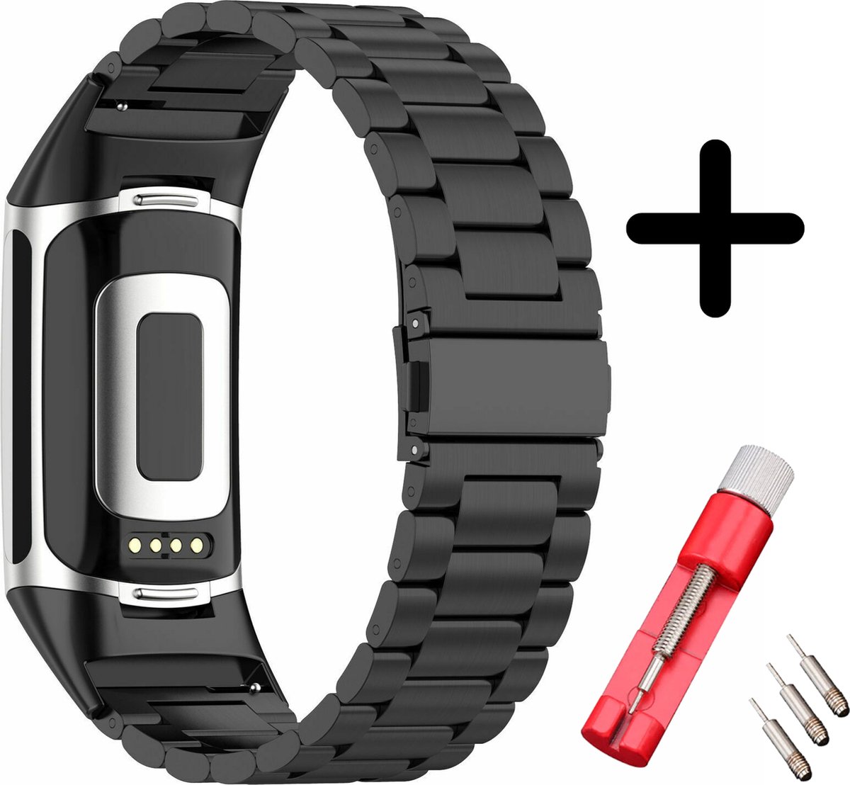 Geschikt voor Fitbit Charge 5 / Fitbit Charge 6 bandje staal zwart + toolkit