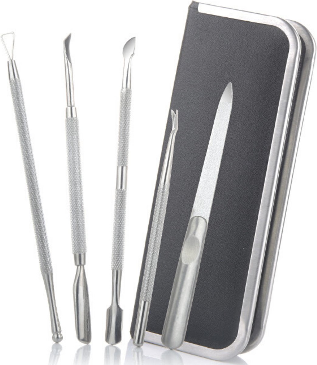 Goedkoopste Professionele Nagelverzorging Set - 5 Delig - Nagelriem Duwer - Bokkenpootje - Gellak Verwijderaar - Nagelvijl - Gel Acryl Nagel Prep - RVS - Inclusief Opbergetui