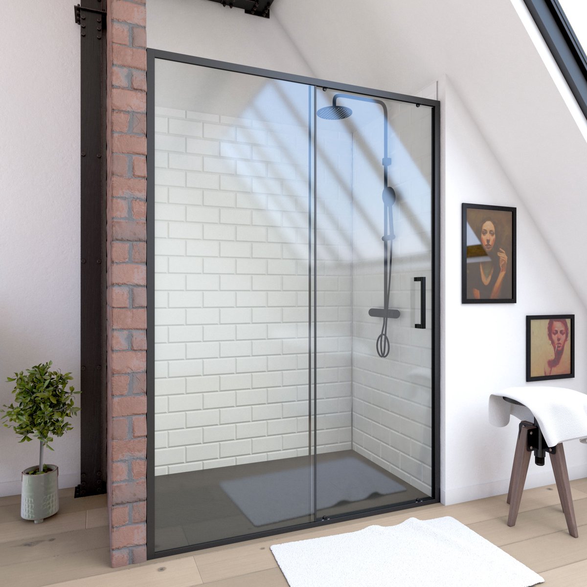 Porte de douche coulissante 140x200 cm - Verre transparent - Profilé Noir - CRUSH
