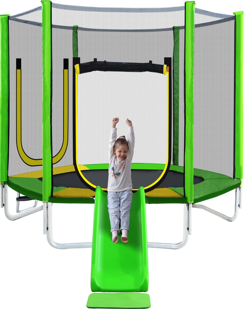Trampoline voor kinderen-7 FT Trampoline voor binnen en buiten met glijbaan voor baby-peuter Kinderen-springoefening Fitness Trampoline met netveiligheidsbehuizing-groen