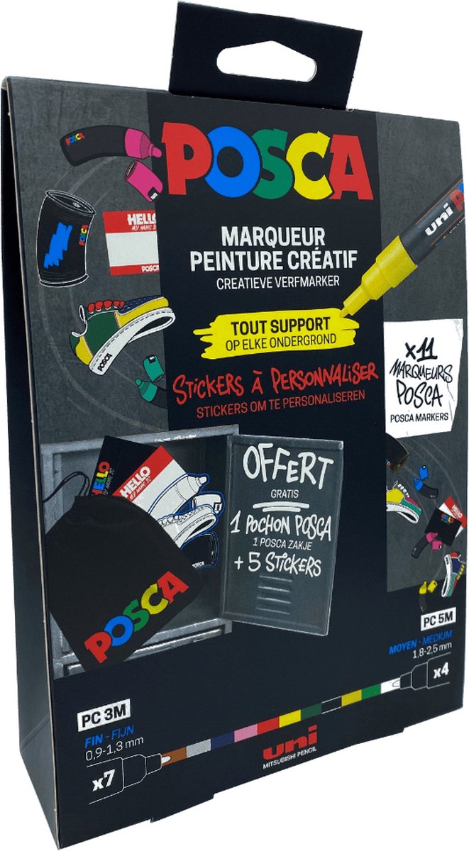 Posca Markers - Universele Stiften - Paintmarker - Set met 11 Posca's + Tas + Stickers