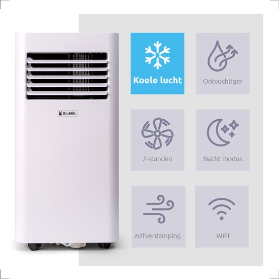 BluMill Smart Airco - Mobiele Airco - Met Wifi - 9000 BTU - Airconditioning - Geschikt voor Ontvochtiging - Inclusief Wieltjes - incl. Raamafdichting Kit
