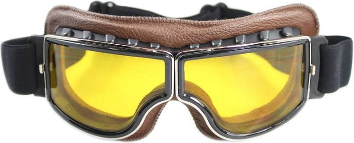 CRG Cruiser Motorbril - Bruin Leren Motorbril - Retro Motorbril Heren - Geel Glas