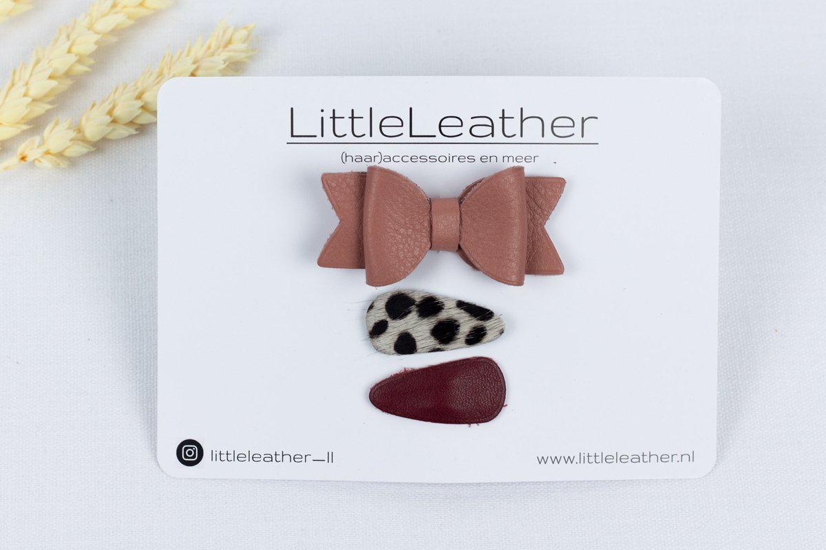 LittleLeather, Setje Strik Kiara, blush + klikklak speldjes l Knip | Clipjes | Haaraccessoires | Haarstrik | Haarclip | Baby |