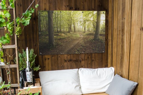 Tuinposter met boszicht, een pad slingert door het bos, omringd door bomen met fris groen blad.