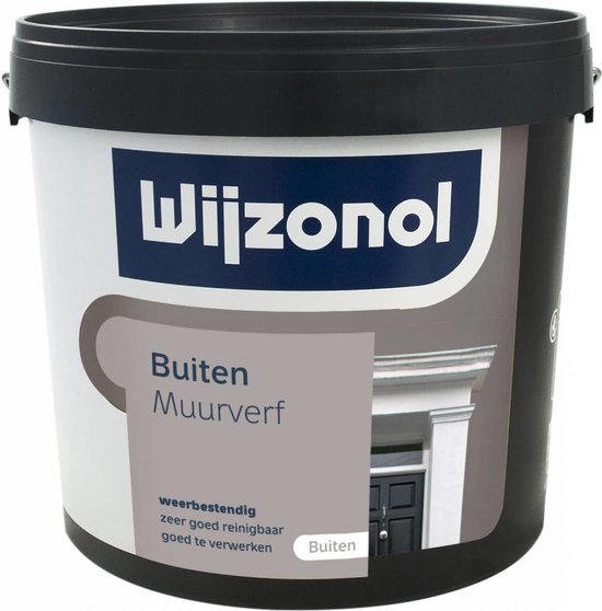 Wijzonol Buiten Muurverf in een witte emmer met donkerblauw logo. Tekst: Buiten Muurverf, weerbestendig, zeer goed reinigbaar, goed te verwerken.