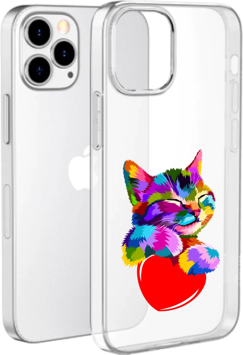 Apple Iphone 13 Pro Max hoesje transparant siliconen hoesje 13 Pro Max gekleurd Poesje hartje *LET OP JUISTE MODEL*