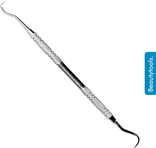 Een roestvrijstalen tandheelkundig instrument met een gekarteld handvat en gebogen punt.