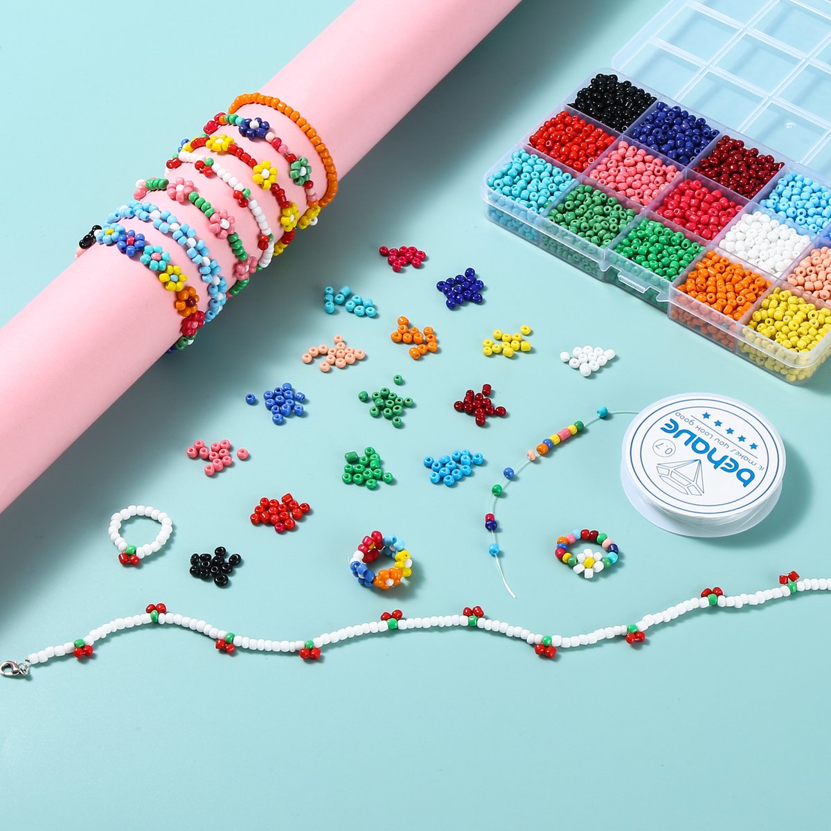 Behave 4500 Glaskralen Set - DIY Sieraden maken - Kralen Set - Rocailles - Bedels - Rijgdraad - 15 Kleuren - 4mm — afbeelding 10