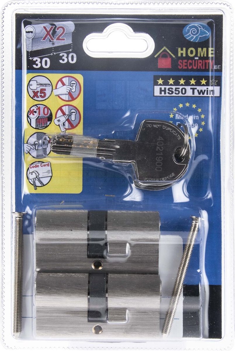 Cylindre Premium HS50 Twin – 30/30 mm – Dubbelzijdige Cilinder – Inclusief 5 Sleutels & Eigendomscertificaat – Beveiligd Slot – Vernikkeld