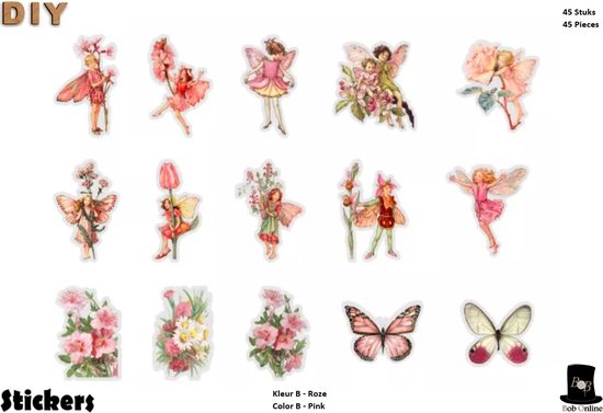 Set van 15 stickers met feeën in roze en groene jurken, omringd door bloemen en vlinders. Twee vlinderstickers in roze.