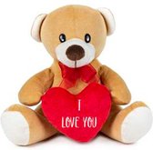 Teddybeer Bruin met Rode Strik en Hart "I Love You" 22 cm | Knuffelbeer met Rood Love Hartje | I Love You / Ik hou van jou Cadeau | Valentine Valentijnsdag Moederdag kado rozenbeer