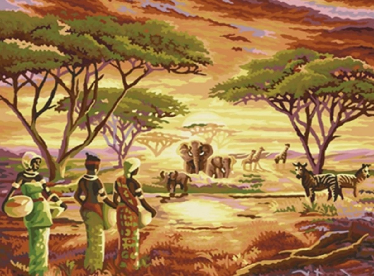 2.0 Products - Dieren - Landschap - Schilderen op nummer volwassenen - Paint by number - 40 x 50 CM - Afrikaanse Vrouw - Olifant - Afrika