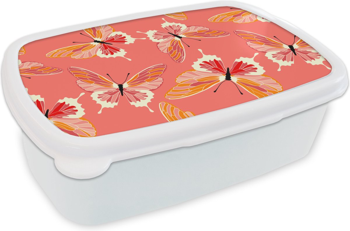 Broodtrommel Wit - Lunchbox - Brooddoos - Vlinders - Patronen - Roze - 18x12x6 cm - Volwassenen