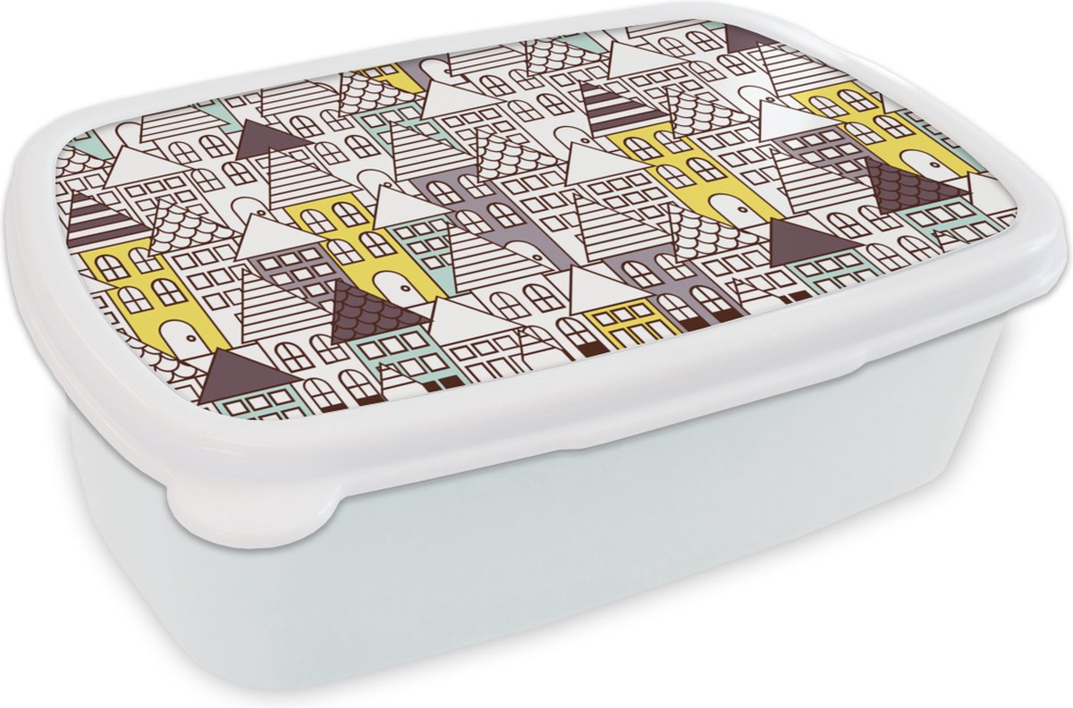 Broodtrommel Wit - Lunchbox - Brooddoos - Patronen - Huis - Skyline - 18x12x6 cm - Volwassenen