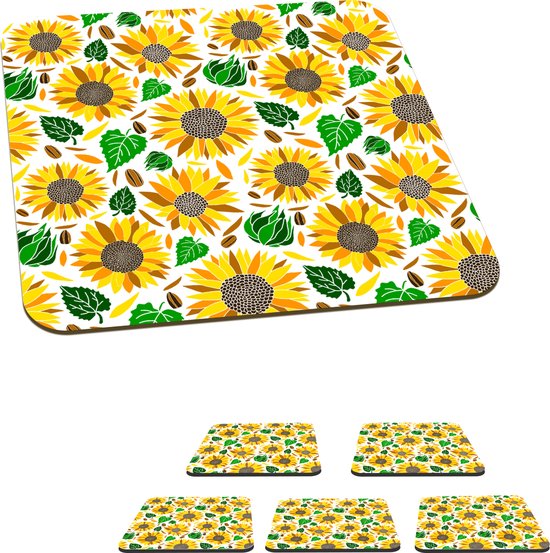 Onderzetters voor glazen - Zonnebloem - Bladeren - Patronen - 10x10 cm - Glasonderzetters - 6 stuks