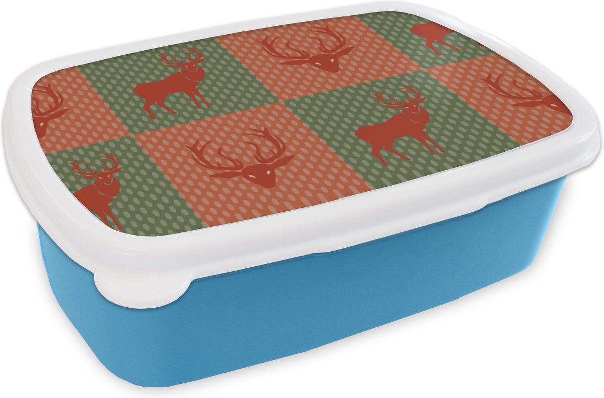 Broodtrommel Blauw - Lunchbox - Brooddoos - Patroon - Hert - Groen - Rood - 18x12x6 cm - Kinderen - Jongen