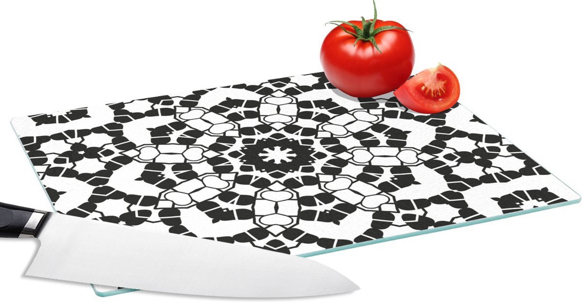 Glazen Snijplank - 28x20 - Mandala - Zwart Wit - Patronen - Snijplanken Glas