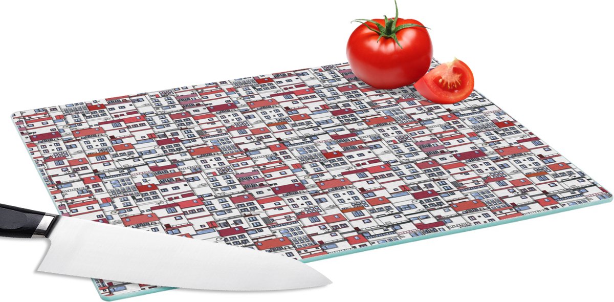 Glazen Snijplank - 39x28 - Stad - Patroon - Huizen - Snijplanken Glas